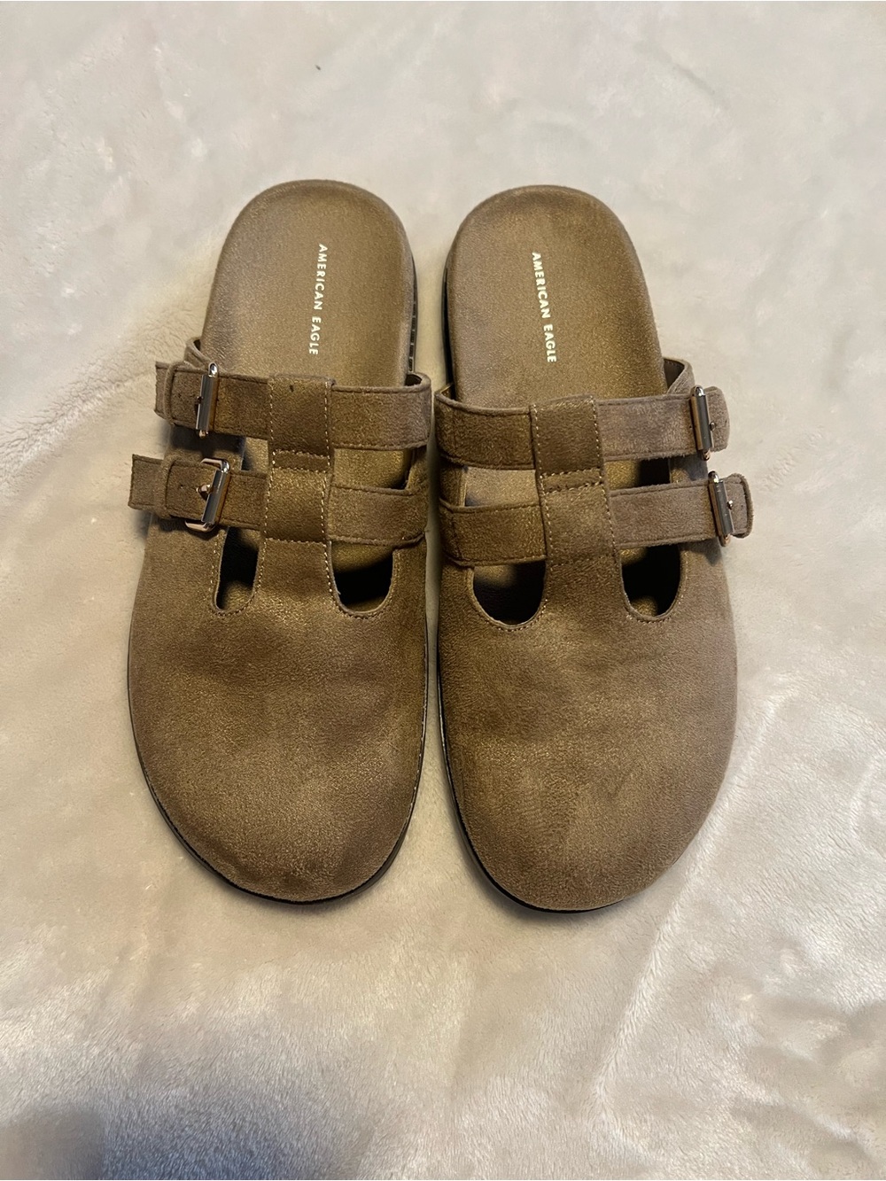 American Eagle Outfitters Brown Suede Double-Buckle Slide Clogs